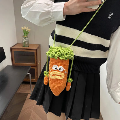 Cute Cartoon Carrot Shape Women Crochet Crossbody Ultralight Shoulder Bag 2024 New Small Phone Purse Bolsos Feminina