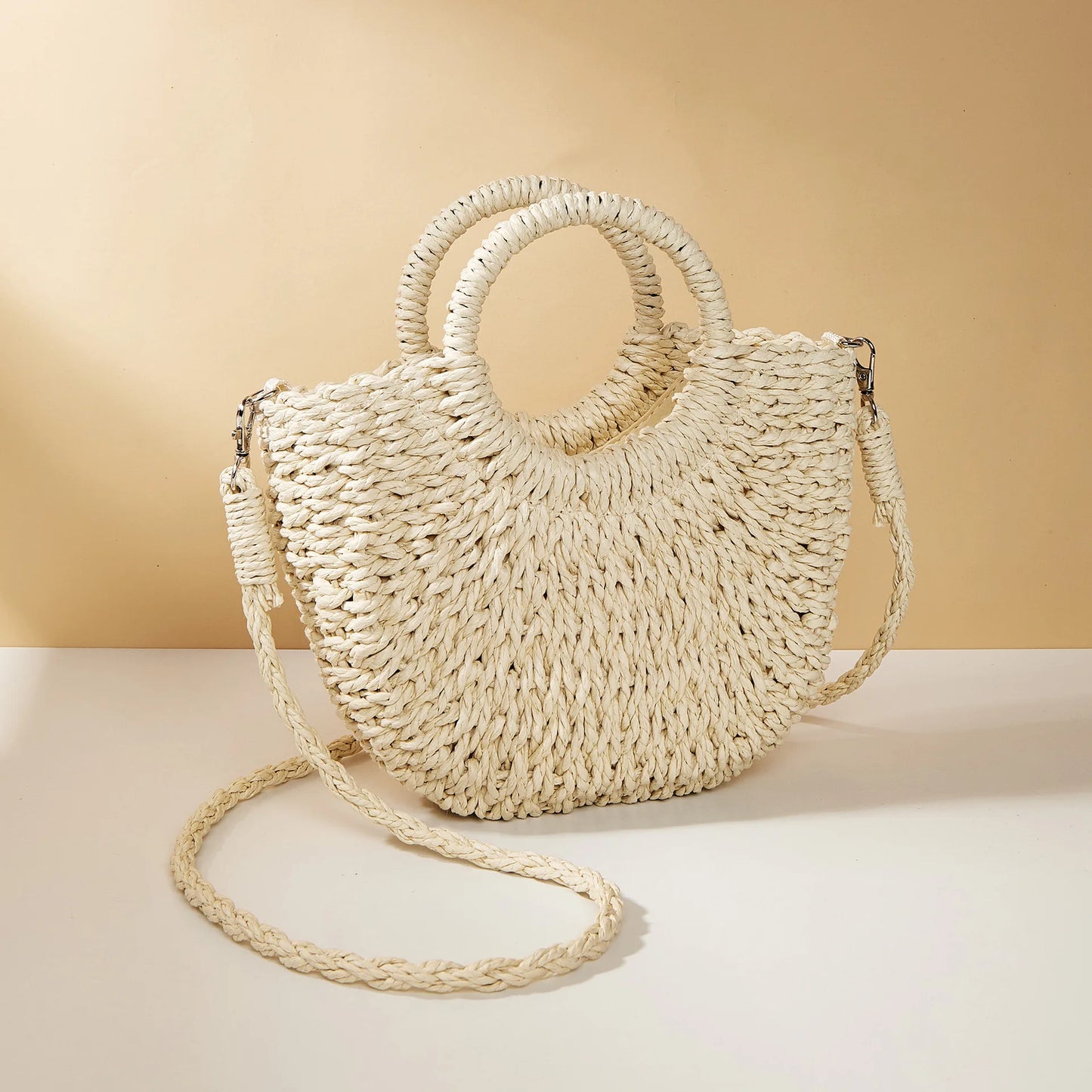 Bolso de paja estilo canasta de color caramelo informal, tejido con cuerda, para mujer, hecho a mano, para playa, para verano, pequeño, para vacaciones, 2024