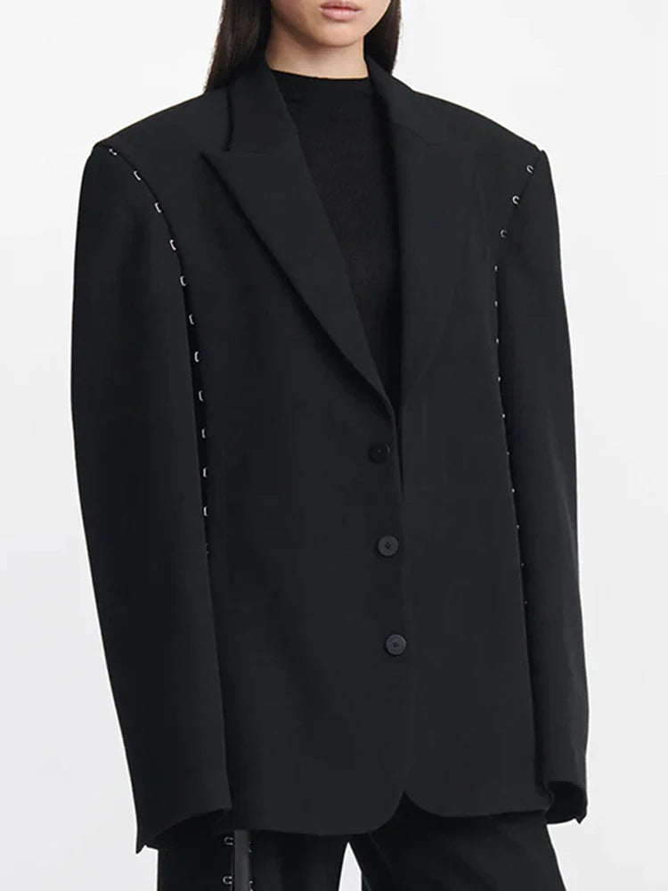 DEAT Fashion Blazer pour femme avec boucle en métal crantée et décoration à la taille, rétraction ample à simple boutonnage, nouvelle tendance automne 2024 7AB1058