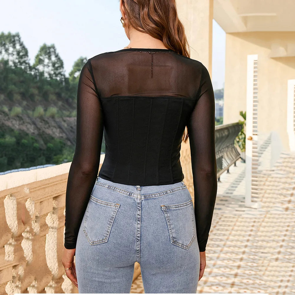 Suninheart 2024 - Camiseta sexy de manga larga de malla ajustada con corsé y hebilla para mujer, blusa negra para mujer, oferta de liquidación