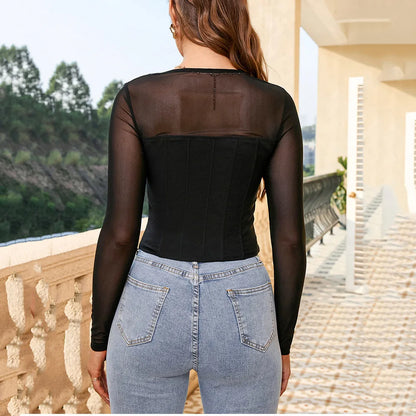 Suninheart 2024 - Camiseta sexy de manga larga de malla ajustada con corsé y hebilla para mujer, blusa negra para mujer, oferta de liquidación