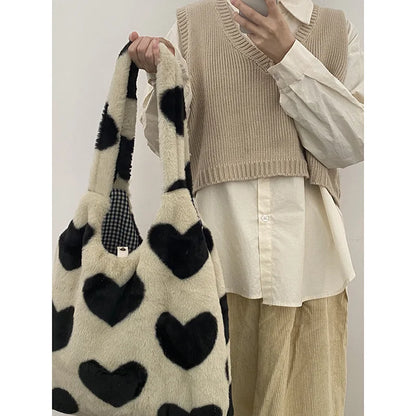 2022 Winter Warm Plush Bag Love Heart Print Student School Book Bag Shoulder Bag For Women Large-capacity Tote Bag Handbags Sac