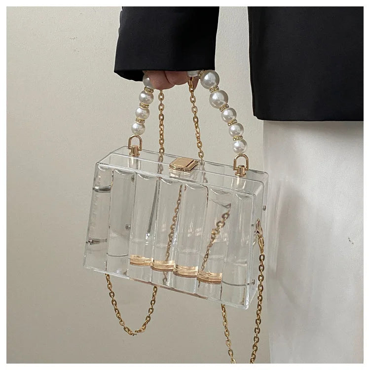 Bolso de mano transparente de acrílico para mujer, bolso cruzado transparente con correa de cadena de perlas extraíble