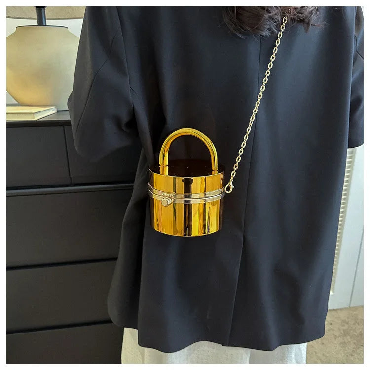 Bolso cilíndrico de acrílico con un solo hombro, bolso de noche de color dorado para mujer, bolso de cadena con forma de caja pequeña