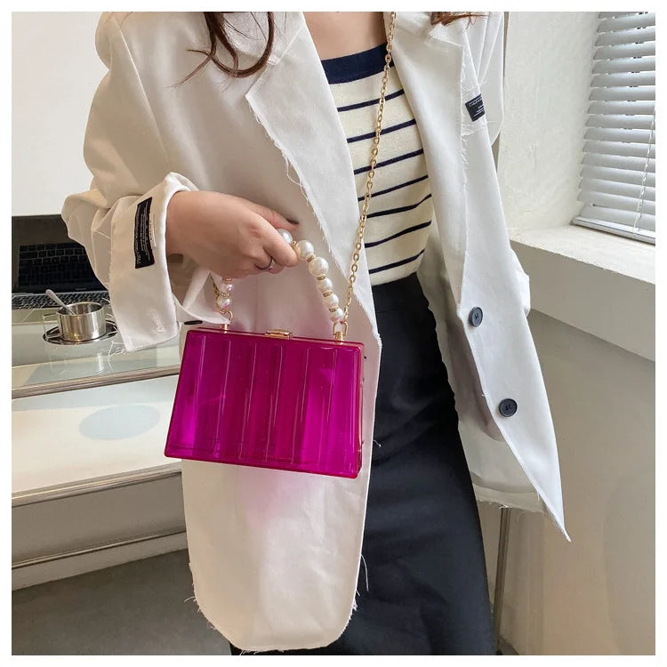 Bolso de mano transparente de acrílico para mujer, bolso cruzado transparente con correa de cadena de perlas extraíble