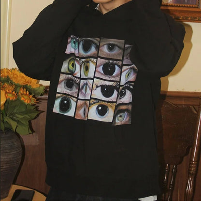 Sudadera con capucha y estampado de ojos para mujer, estilo hip hop, estilo Harajuku Y2K, informal, de algodón, color negro