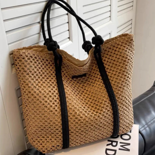 Bolso de mano informal de paja con agujeros de gran capacidad, tejido para mujer, bolsos de hombro hechos a mano para playa, bolsos grandes para compras de verano 2024