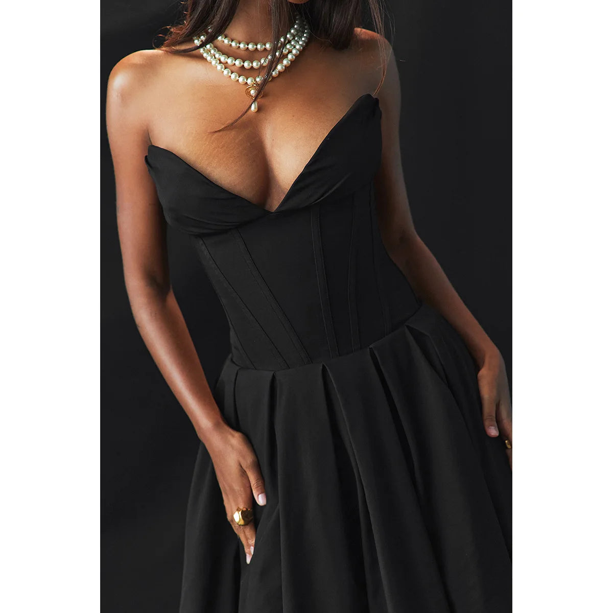 Suninheart - Vestido elegante negro para bodas y eventos, vestido sexy sin tirantes con corsé, vestidos de fiesta de Navidad a media pierna para mujer, ropa 2023