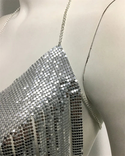 Top corto de fiesta con borlas y lentejuelas metálicas brillantes para mujer, diseño de cuello halter sin espalda, camisetas sin mangas de metal con lentejuelas, ropa de club nocturno