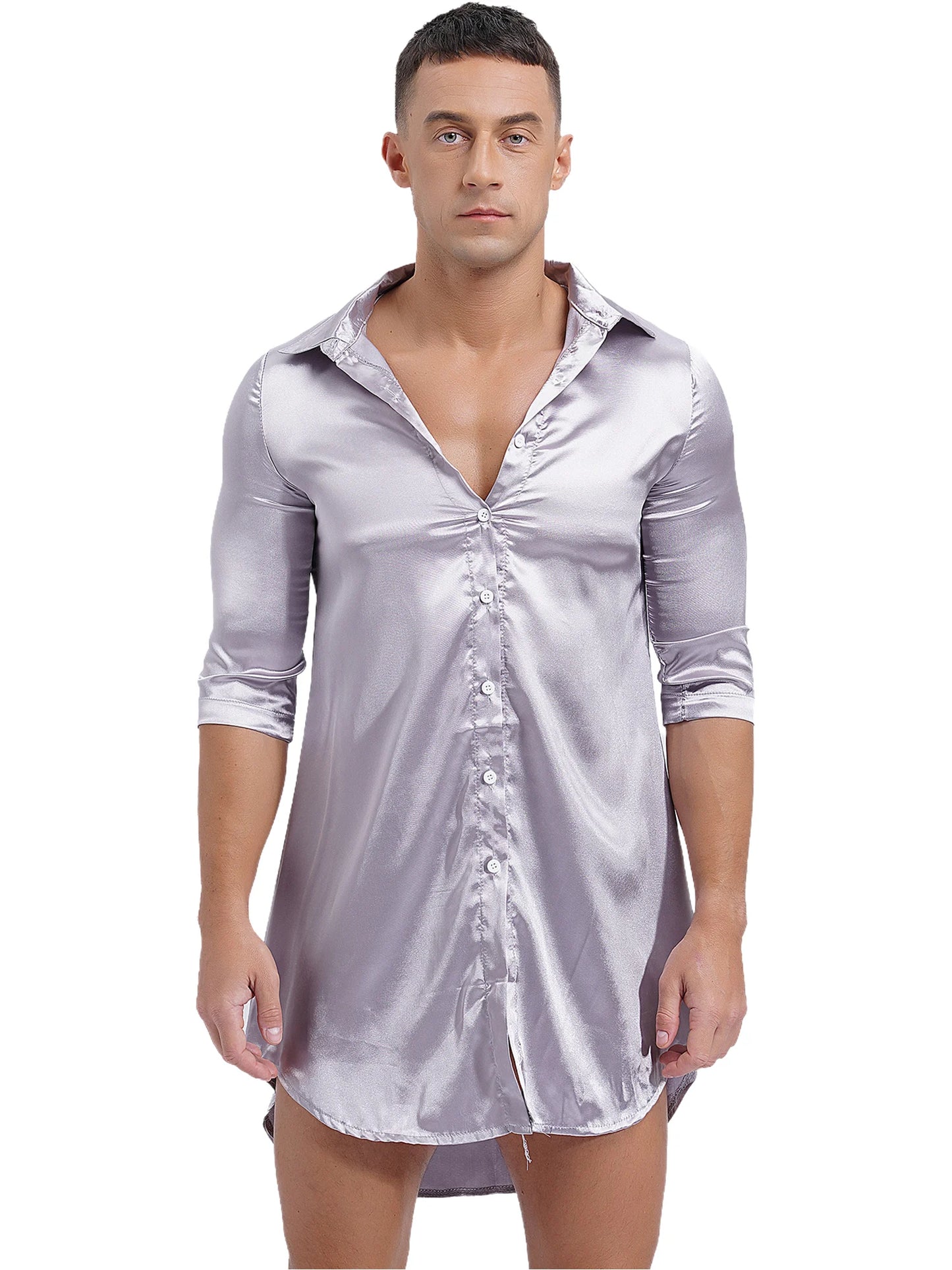 Chemise en satin de soie pour homme Sissy, couleur unie, longue robe portefeuille, peignoir, kimono, chemise de nuit, pyjama, vêtements de nuit, vêtements de détente