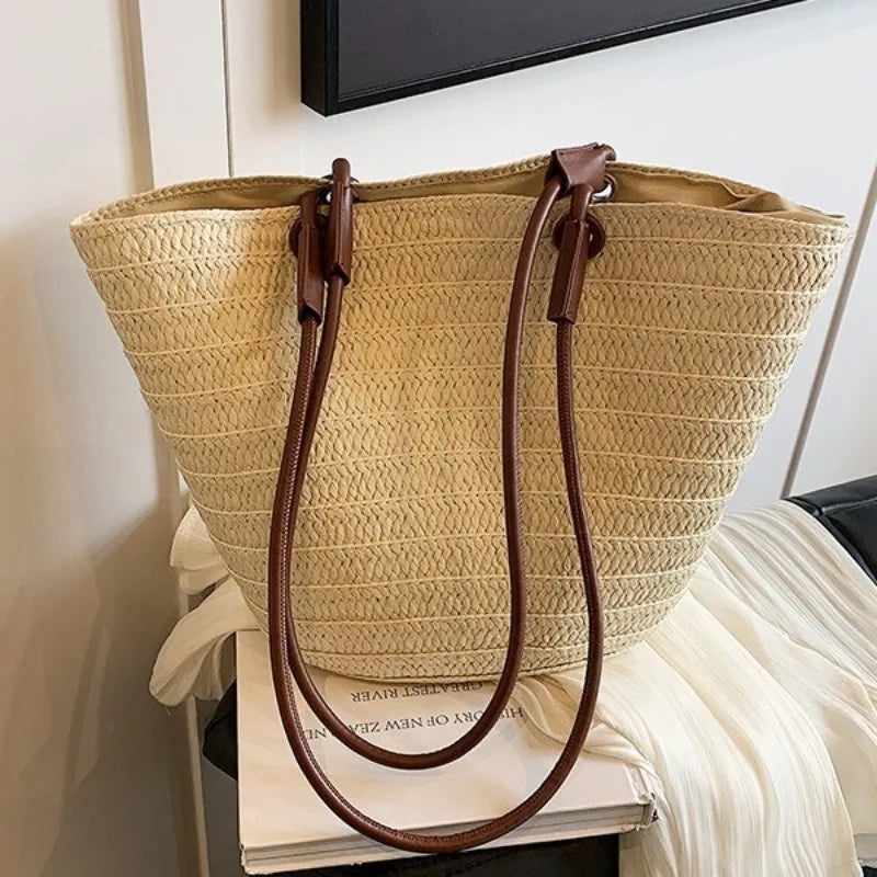 Bolso de paja informal de gran capacidad, hecho a mano, para mujer, para playa, de verano, tipo cesta, estilo Bali