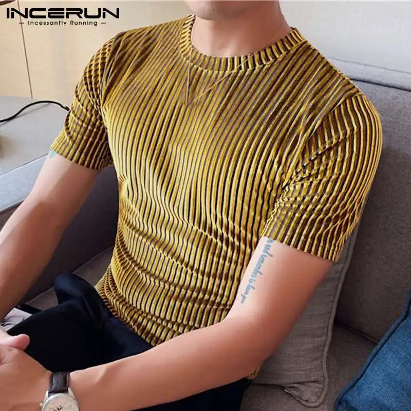 Fashion Casual Style Men's Camiseta  Party Shows Tees INCERUN Male Stylish Hot Sale Drawstring Round Neck Stretch T-shirts S-3XL