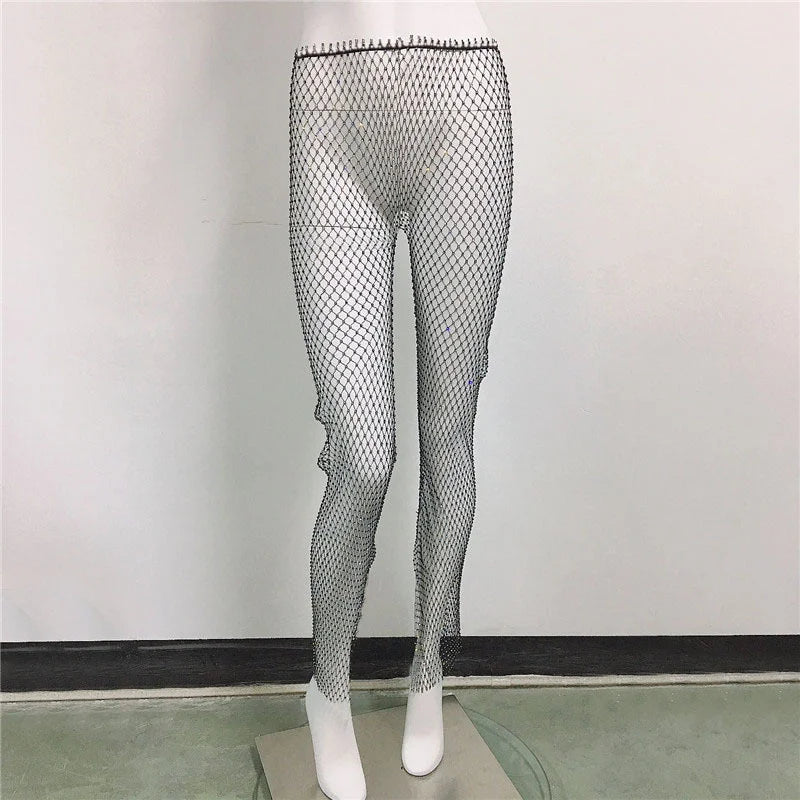 Sparkle Diamante Fishnet Shining Trousers Crystal Mesh Pants Rhinestone Leggings Sexy Hallow Out See Through Glitter Pants