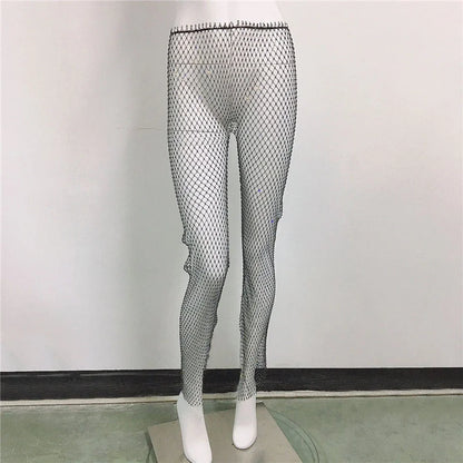 Sparkle Diamante Fishnet Shining Trousers Crystal Mesh Pants Rhinestone Leggings Sexy Hallow Out See Through Glitter Pants