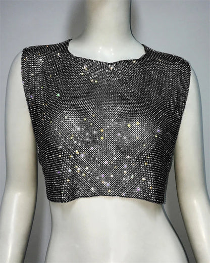 Tops de metal sin espalda para mujer, estilos de verano, ropa de fiesta, club nocturno, tops sexis sin mangas, tops con lentejuelas brillantes, venta al por mayor