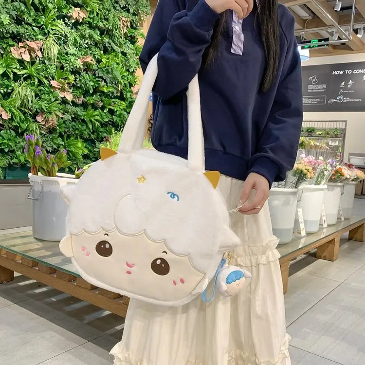 Japanese Kawaii Shoulder Bag Women Plush Lamb Embroidery Handbags and Purses Lovely Soft Hair Tote Bag JK Bag Girls Bolso Mujer