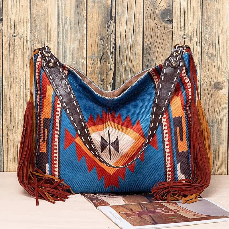 Bohemian Large Capacity Tote Bag Vintage Canvas Women Shoulder BagsTassel Geometric Patterns Crossbody Bag Big Shopper Purses