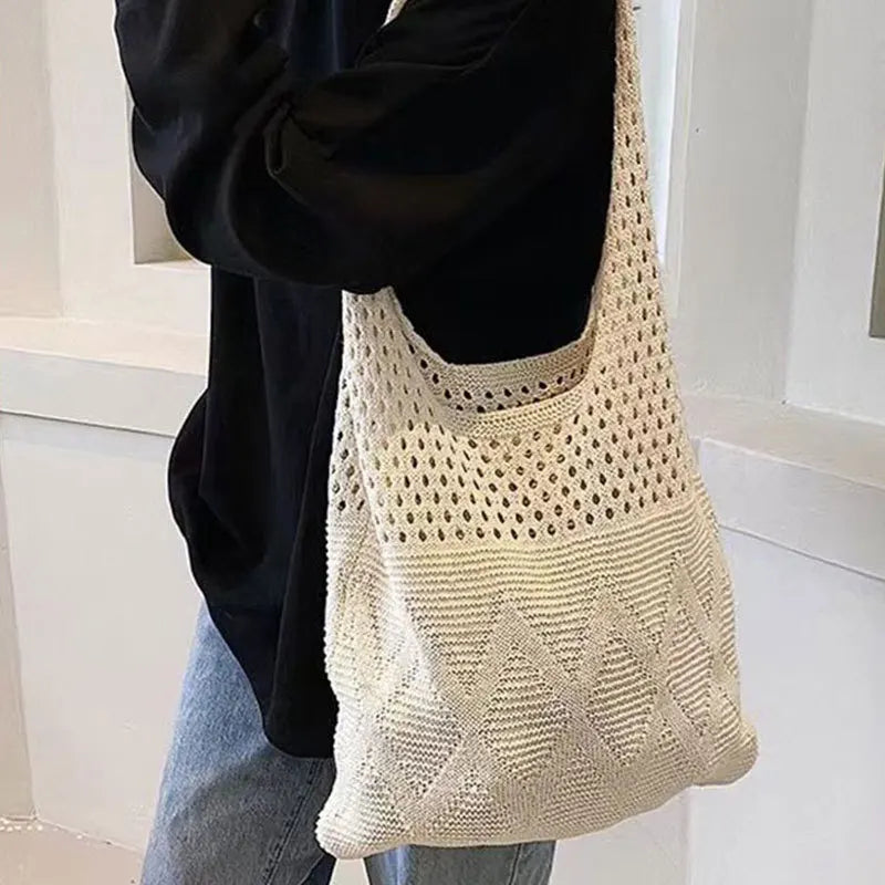 Casual Hollow Out Knitted Women Shoulder Bags Woolen Weave Large Capacity Tote Bag Summer Beach Bag Big Shopper Purses 2024