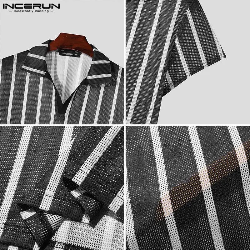 Sexy Casual Style Tops INCERUN New Mens Striped Mesh Shirts Casual Stylish Slightly Perspective Short Sleeved Lapel Blouse S-5XL