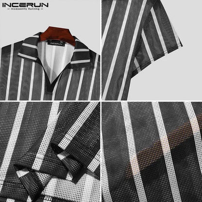 Sexy Casual Style Tops INCERUN New Mens Striped Mesh Shirts Casual Stylish Slightly Perspective Short Sleeved Lapel Blouse S-5XL