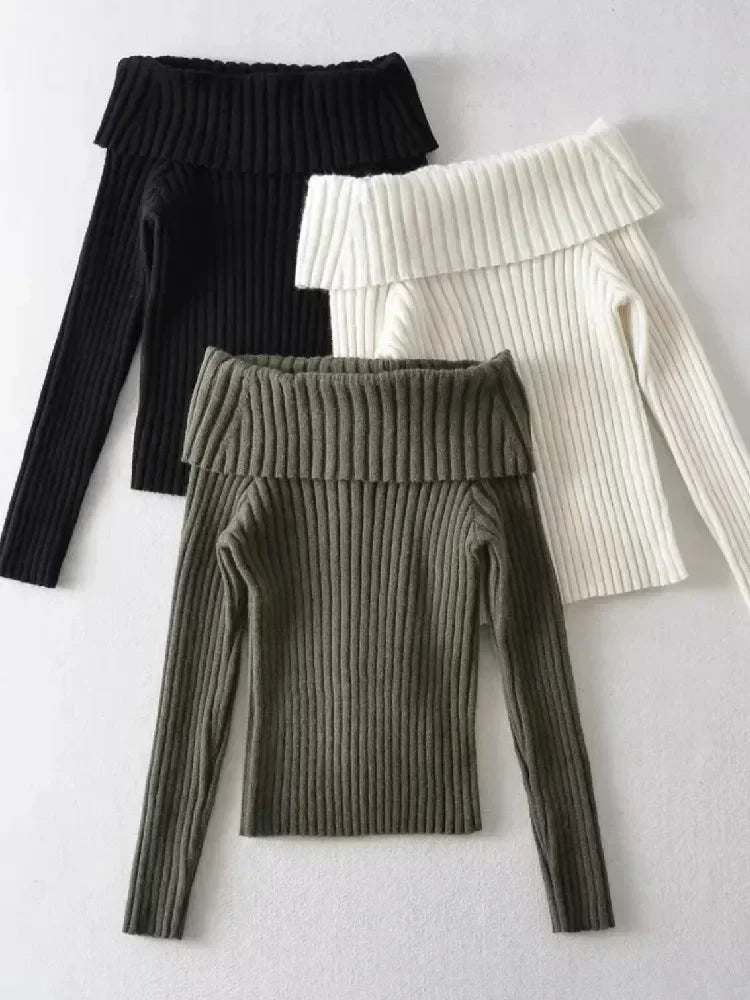 Suninheart Autumn Winter Rib Knitted Off The Shoulder Pullover Sweater Sexy Women Full Sleeve Sweater Pullovers Elegant Jumpers