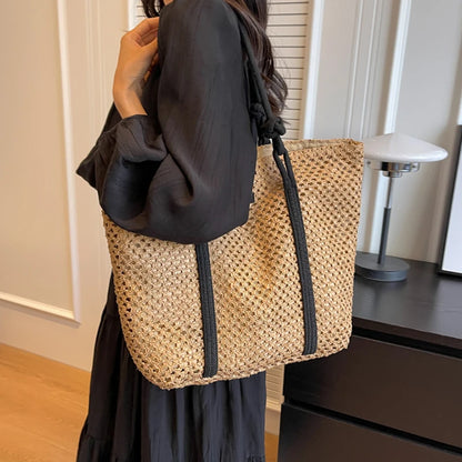 Casual Hollow Out Large Capacity Straw Tote Bag Weave Women Shoulder Bags Handmade Summer Beach Handbags Big Shopper Purses 2024