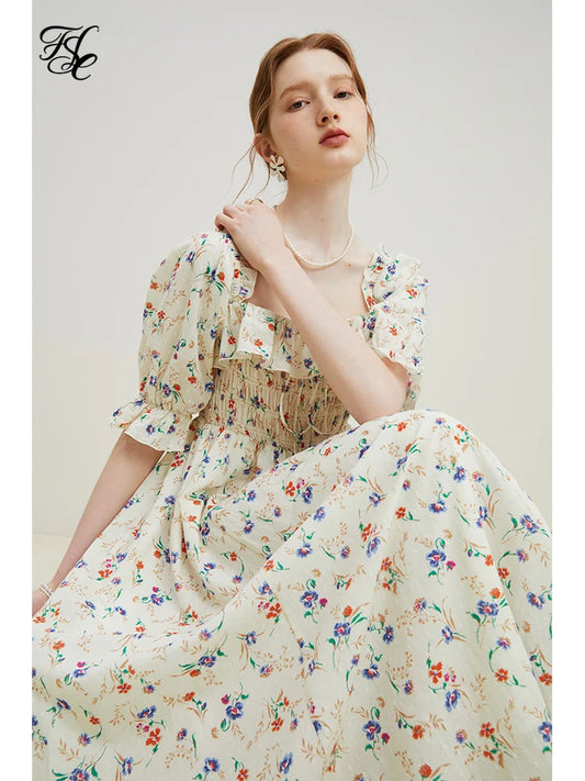 FSLE Square Neck Women Loose 100% Cotton Long Dresses Puff Sleeve Country Style Floral A-LINE Skirts Summer Female Sweet Dress