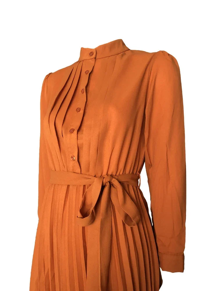 Vestido plisado de manga larga de otoño 2022, vestido midi elegante para mujer, vestidos vintage de oficina para mujer con cinturón, cintura alta, alta calidad