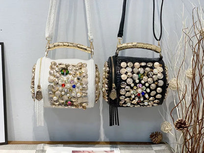 New Women's Bag Cylinder Handmade Shoulder Bag Water Diamond Bag Versatile One Shoulder Crossbody Bag Pillow Bag