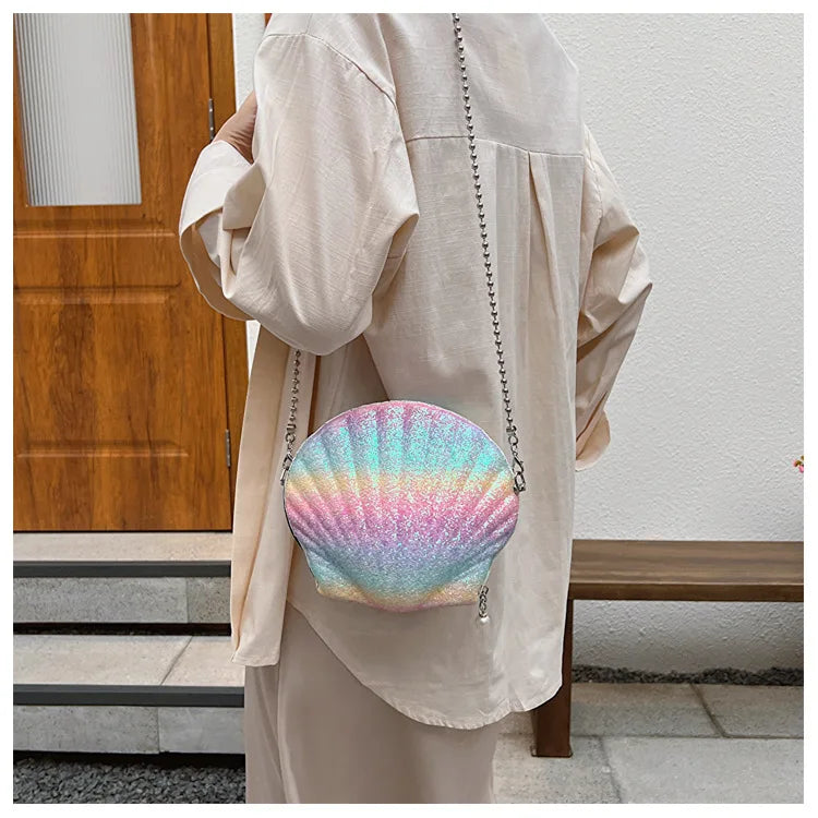 Bolso de verano para mujer, pequeño bolso con lentejuelas y forma de concha, bolso de cadena para mujer, pequeño bolso de hombro con lentejuelas a la moda, bonito bolso cruzado para niña