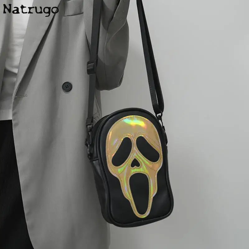 Bolso bandolera para hombre y mujer, estilo coreano, divertido bolso de hombro con calavera fantasma láser, bolso pequeño suave para teléfono móvil