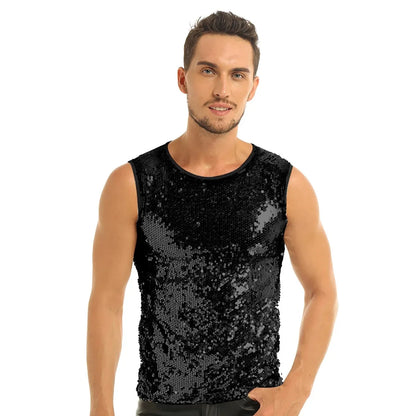 YiZYiF Men's Sequin Tank Top Shiny Crop top Vest Crew Neck Slim Vest Sexy WetLook Tank Top Clubwear Tee Muscle Tank Men Vest Top