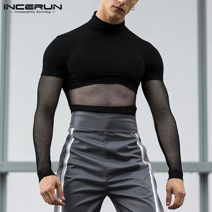 Hauts sexy de style décontracté INCERUN 2024 T-shirts à col montant transparents en maille pour hommes T-shirts élégants à manches longues minces S-2XL