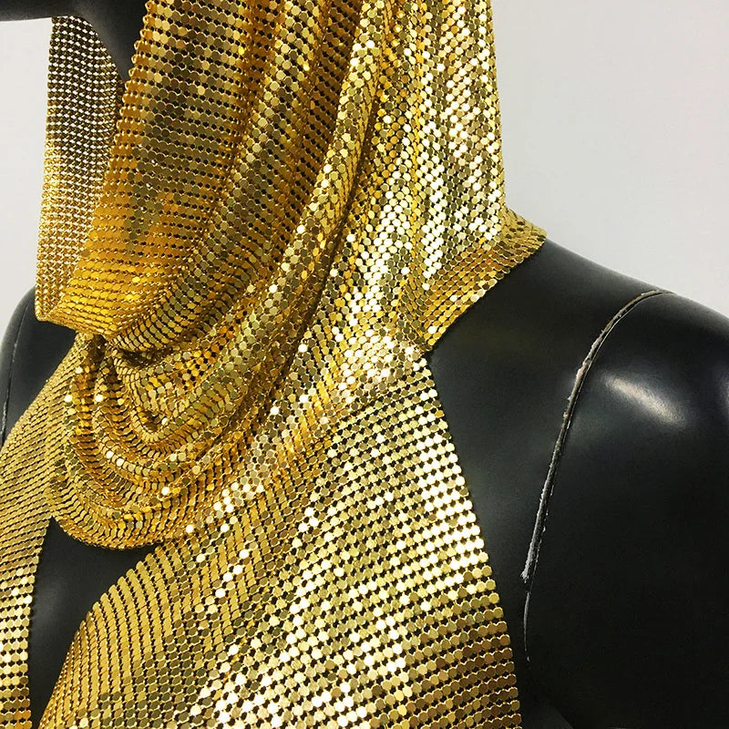 Y2k Fashion Metallic Sequins Women Crop Tank Tops with Headscarf Sexy Backless Hollow Out Halter Metal Sequined Chain Corset Top