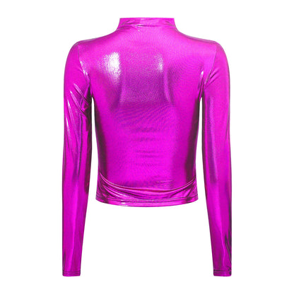 Womens y2k T-shirt 2024 Fashion Shiny Metallic Long Sleeve Mock Neck Slim Fit Tops Disco Party Clubwear Streetwear Popular Cloth