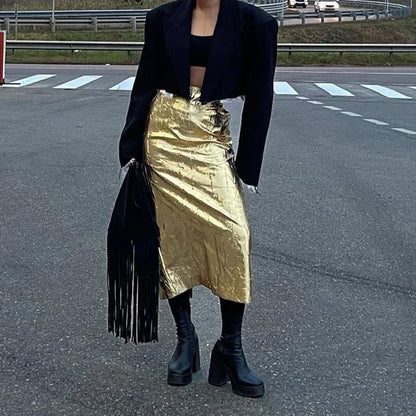 Suninheart Fashion Slim Gold Women'S Skirt Elegant High Waist Midi Skirts Streetwear Vintage Faldas Skirt Female Clothing 2023