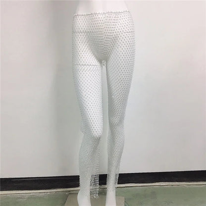 Sparkle Diamante Fishnet Shining Trousers Crystal Mesh Pants Rhinestone Leggings Sexy Hallow Out See Through Glitter Pants