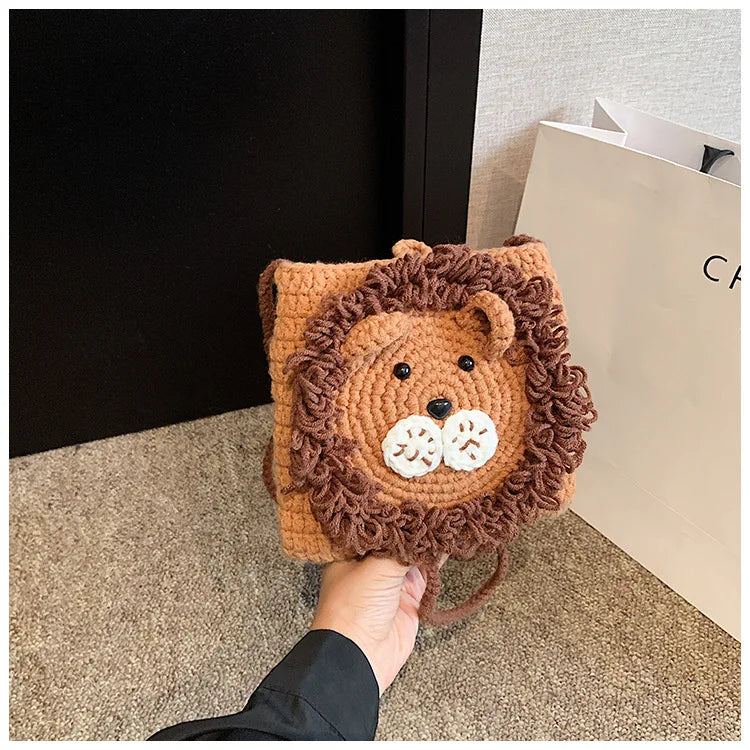 Cute Little Lion Bag For Girls Women's Funny Mobile Phone Coin Purse Winter Knitting Shoulder Crossbody Bag