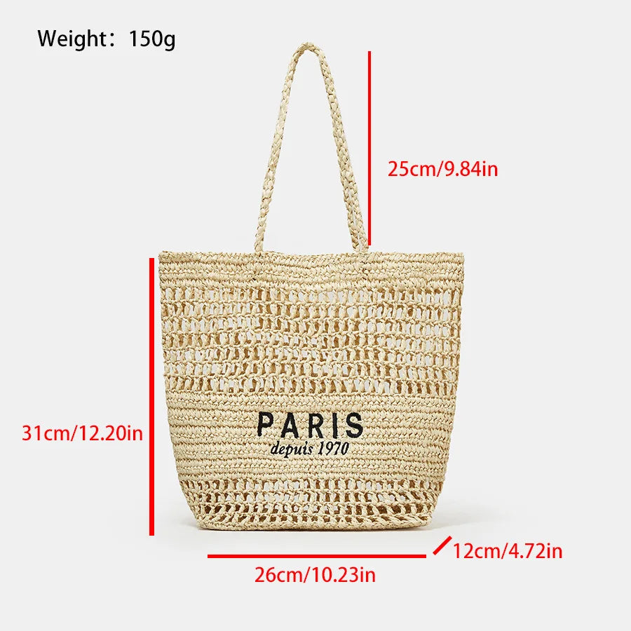 casual hollow out straw bag letters weave women shoulder bags handmade lady handbags summer beach large tote bali purses 2024