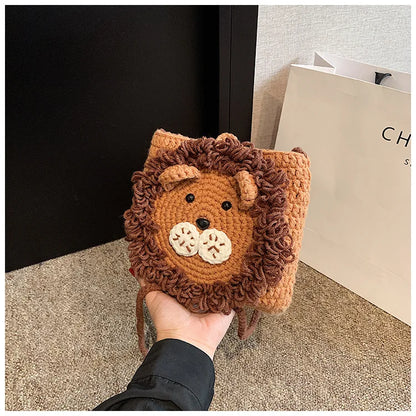 Cute Little Lion Bag For Girls Women's Funny Mobile Phone Coin Purse Winter Knitting Shoulder Crossbody Bag