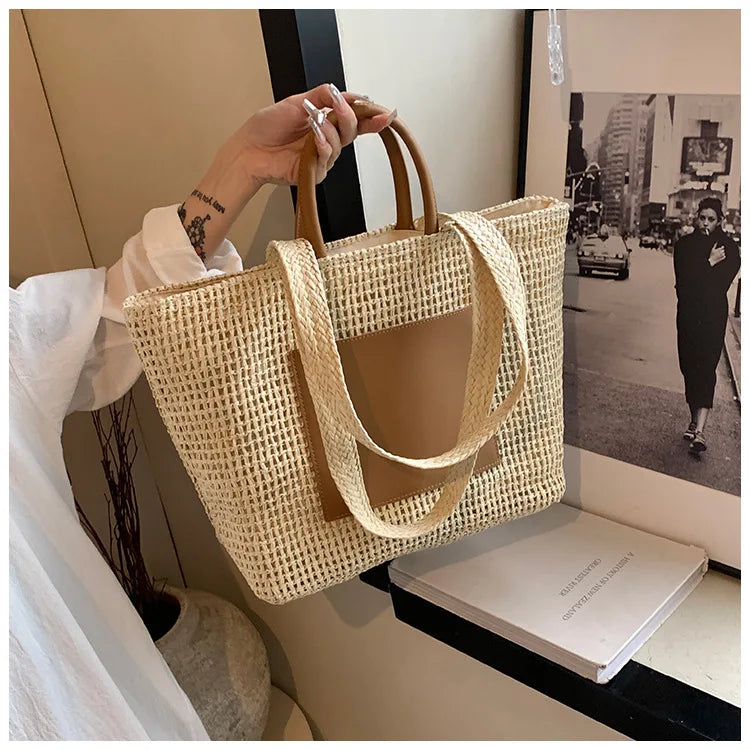 Casual Large Capacity Straw Tote Bag Hollow Paper Weave Women Shoulder Bags Handmade Summer Beach Handbag Big Bali Shopper Purse