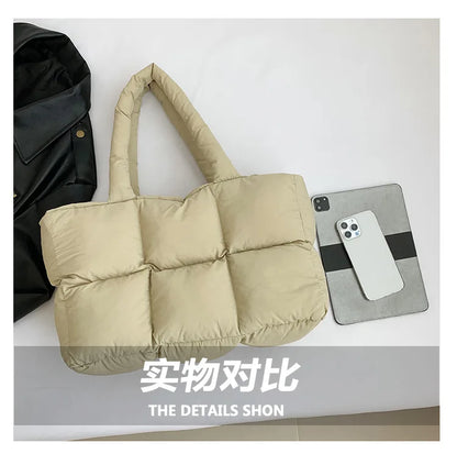 Fashion Large Capacity Padded Women Shoulder Bag Designer Quilted Lady Handbag Casual Nylon Soft Puffer Bag Big Tote Purse 2024