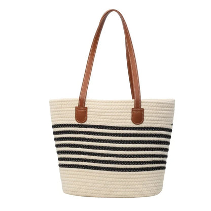 Casual Large Capacity Striped Bucket Bag Weave Women Shoulder Bags Simple Summer Beach Bag Big Shopper Purses Vacation Travel