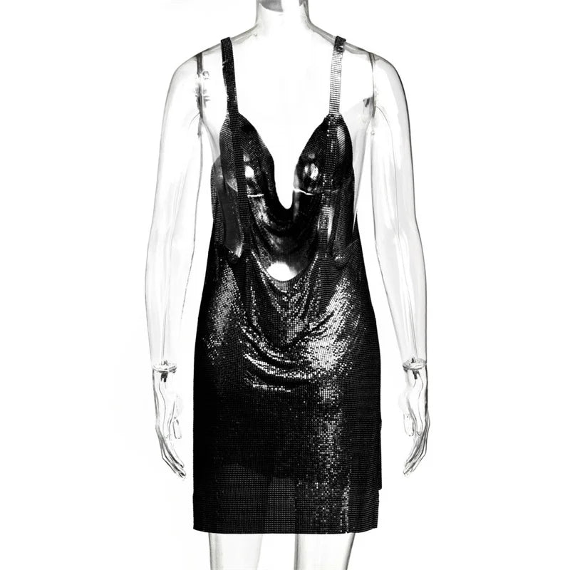 Dropshipping Mujeres Brillantes Rhinestone Cadena Halter Vestido De Metal 2022 Nuevo Club Nocturno Sin Espalda Vestido De Fiesta De Cadera Dividida Al Por Mayor