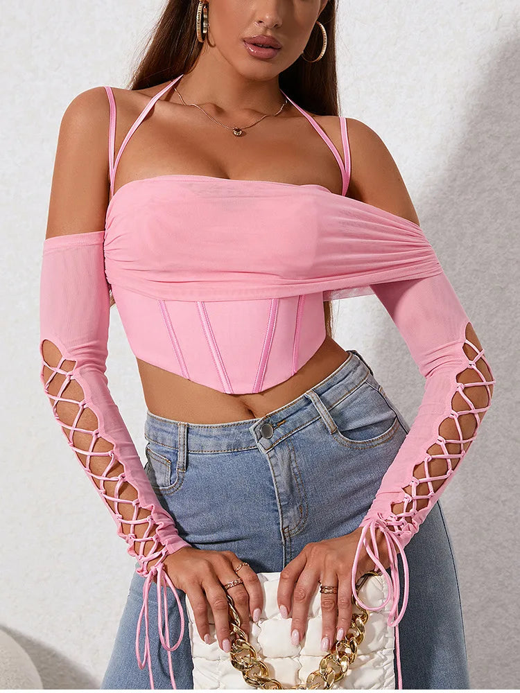 Suninheart Sexy Off The Shoulder Top Women 2024 New in Hollow Out  Long Sleeved Corset Top Casual Party Clubwear