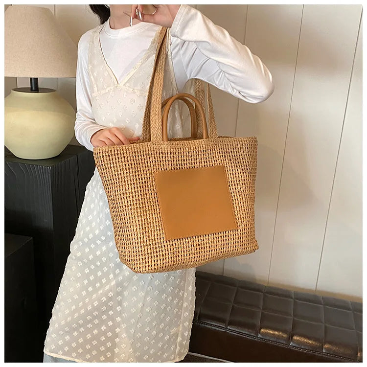 Casual Large Capacity Straw Tote Bag Hollow Paper Weave Women Shoulder Bags Handmade Summer Beach Handbag Big Bali Shopper Purse