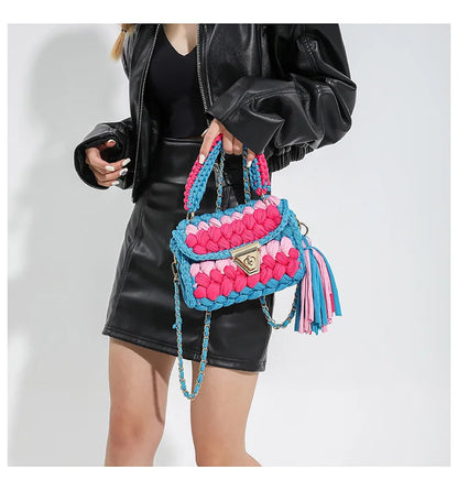 Fashion Colorful Crochet Women Handbags Trend Handmade Woven Chains Shoulder Crossbody Bag Small Flap Female Purses 2024