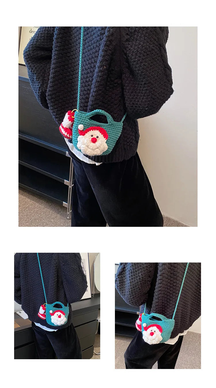 Bolso bandolera tejido a mano con dibujos animados para mujer, bolso para teléfono móvil, bolso bandolera pequeño de punto de Papá Noel, monedero, tarjetero, Kawai