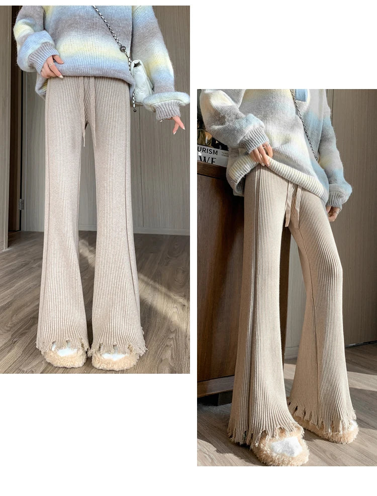 Suninheart Tassels Wide Leg Knitted Pants Women Winter Stripe Loose Trousers Femme Casual Full Length Warm Sweater Pants 2022