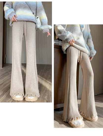 Suninheart Tassels Wide Leg Knitted Pants Women Winter Stripe Loose Trousers Femme Casual Full Length Warm Sweater Pants 2022